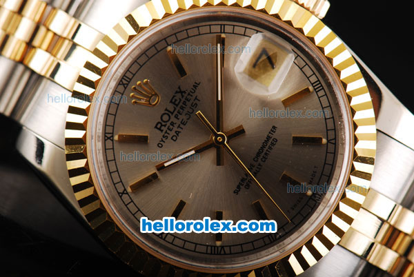 Rolex Datejust Swiss ETA 2836 Automatic Movement Two Tone with Gold Bezel-Grey Dial and Gold Stick Markers-18K Gold Never Fade - Click Image to Close